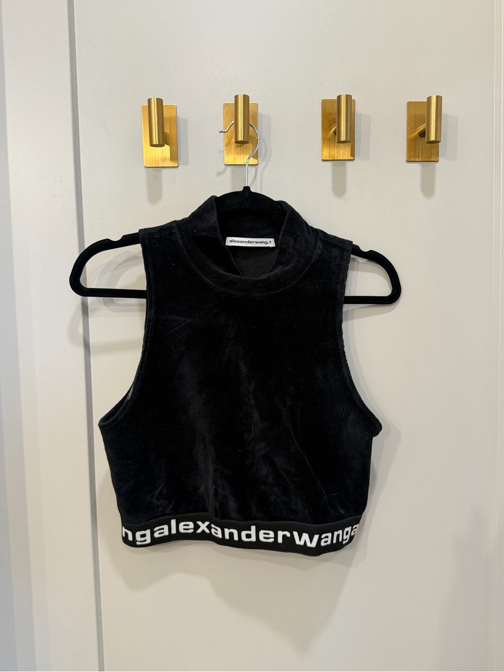 Alexander Wang Black Velvet Logo Crop Mock Neck Crop Top
